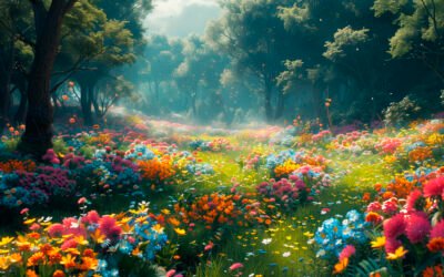 Dreamlike forest, with a lot of flowers, trees and grass are full of flowers, colorful flowers, magic elements, realism, masterpieces, overlooking perspective --ar 3:2 --stylize 750